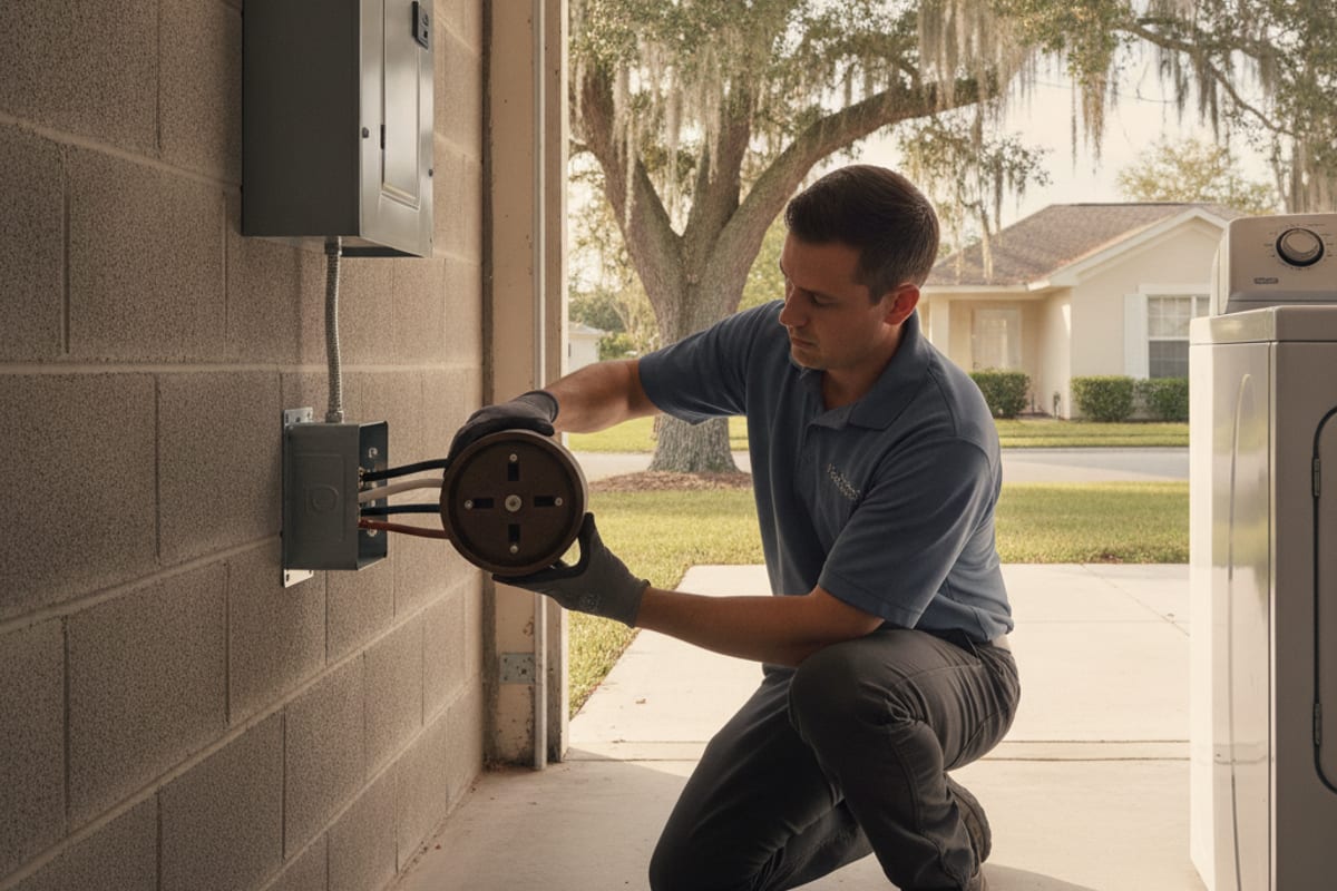 Licensed electrician installing a 240-volt wall outlet in a Tampa garage