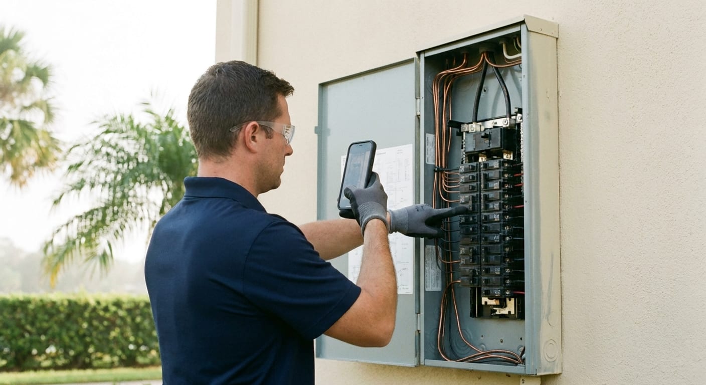 A licensed electrician examining a residential electrical panel during a Tampa home inspection