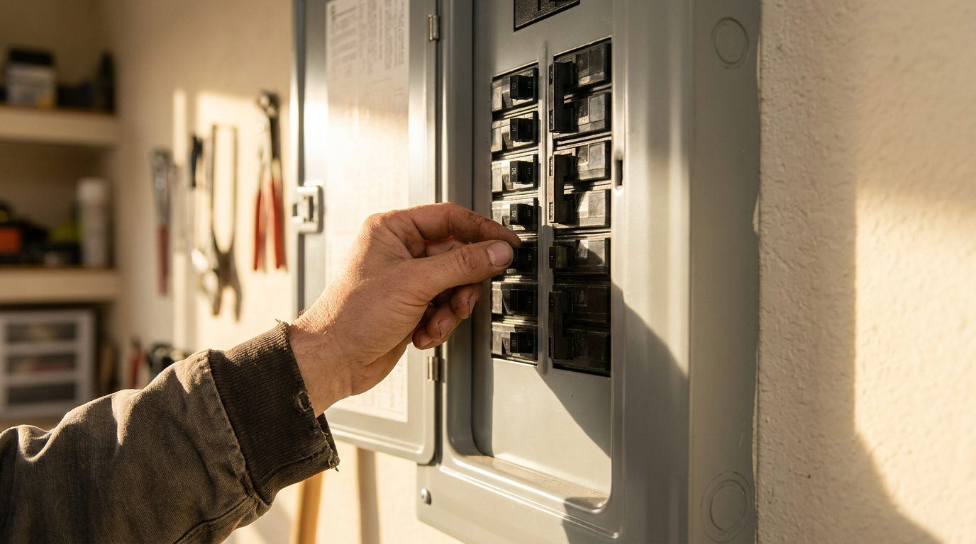 Tampa homeowner resetting a tripped breaker at an indoor electrical panel