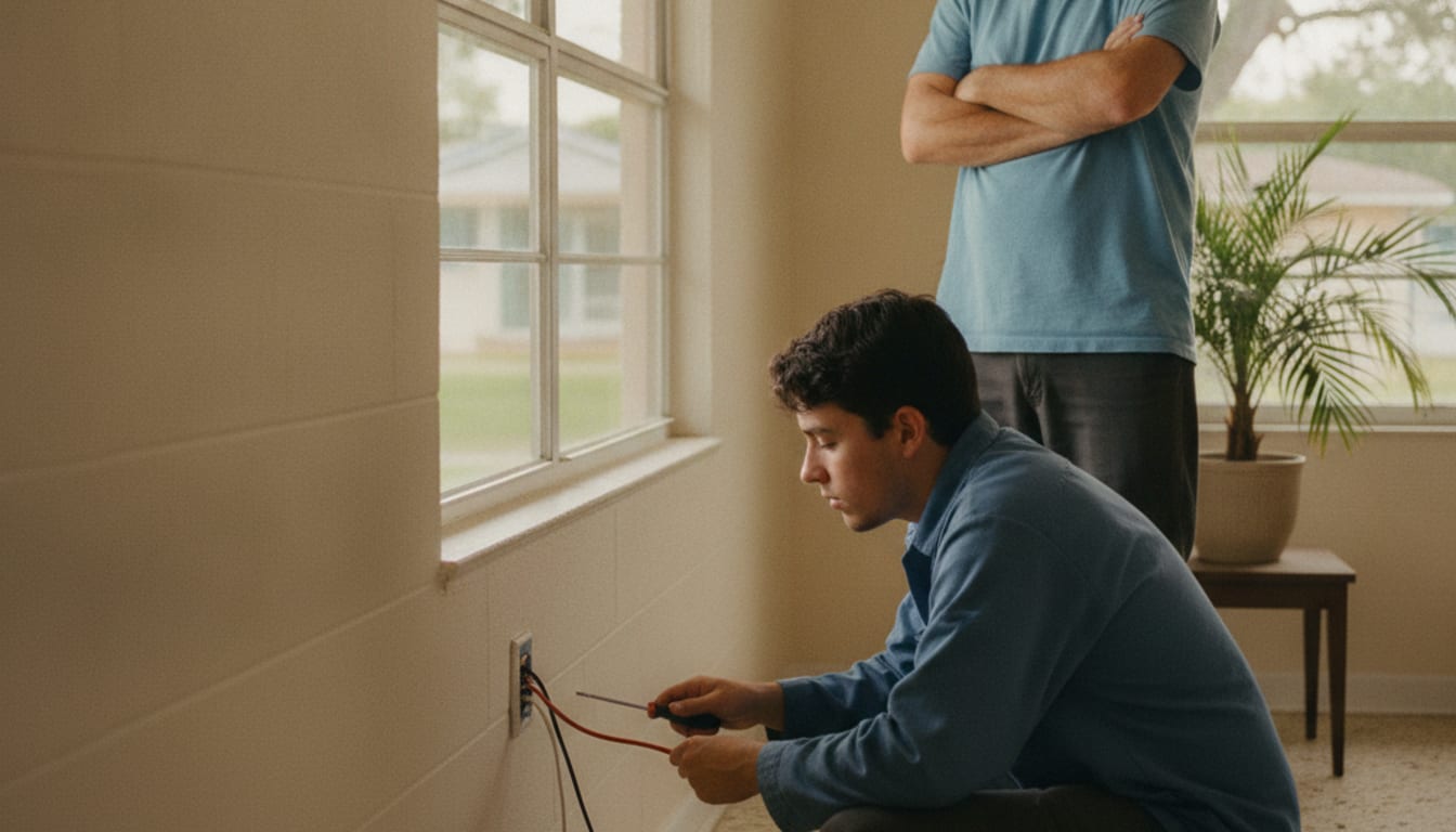 Worker crouched at an opened wall outlet box in a Tampa Bay home while the homeowner stands behind him with arms folded