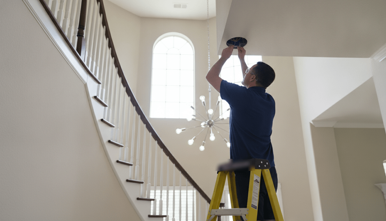 Person on a ladder reaching a ceiling fixture above a stairway
