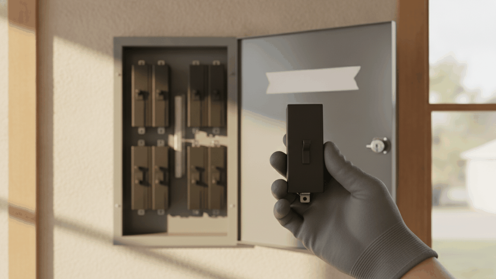 Gloved hand holding a circuit breaker in front of an electrical panel