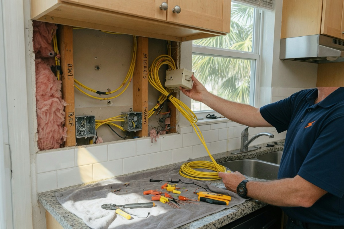Electrician routing kitchen circuits at an opened wall above a renovation counter