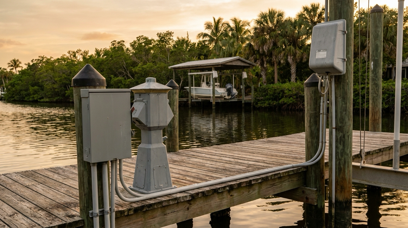 Weatherproof shore power pedestal and boat lift disconnect mounted on a wooden dock on a Tampa Bay canal at dusk