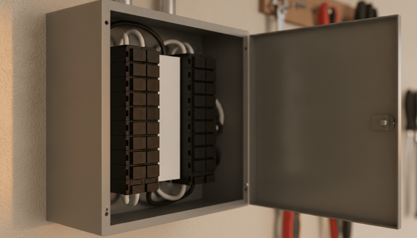 Open electrical panel with two columns of breaker-shaped components