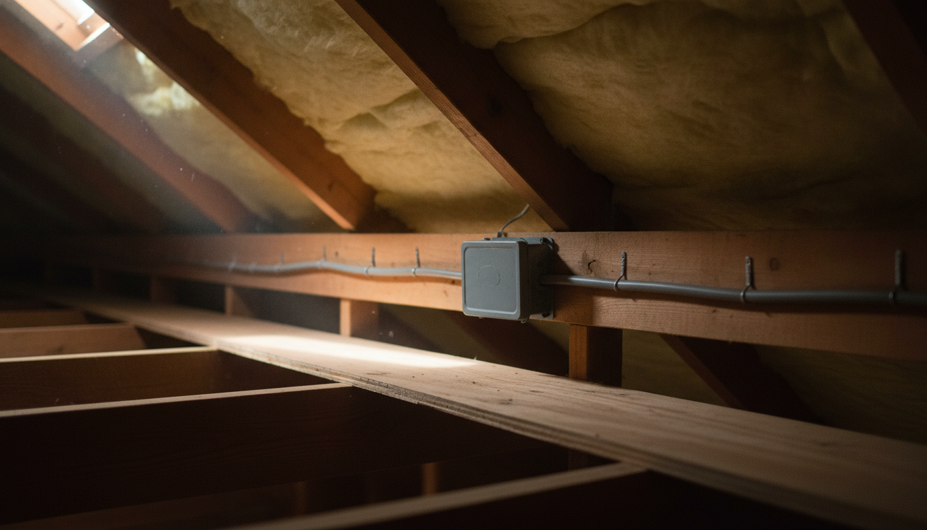 Attic joist run lit by a shaft of daylight, with a gray electrical cable and a closed metal junction box above the ceiling insulation