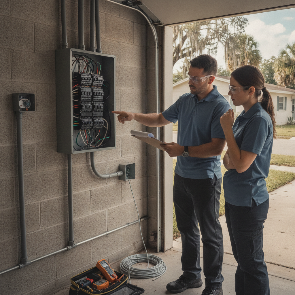 Electrician reviewing a load calculation beside an exterior Tampa meter can and panel