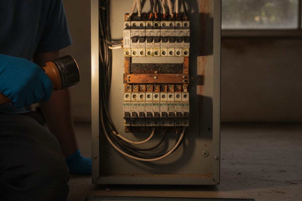 An electrician inspecting an electrical panel inside a Seffner home