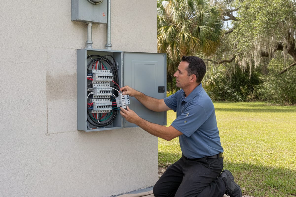 Licensed electrician examining an open residential electrical panel in a Tampa home