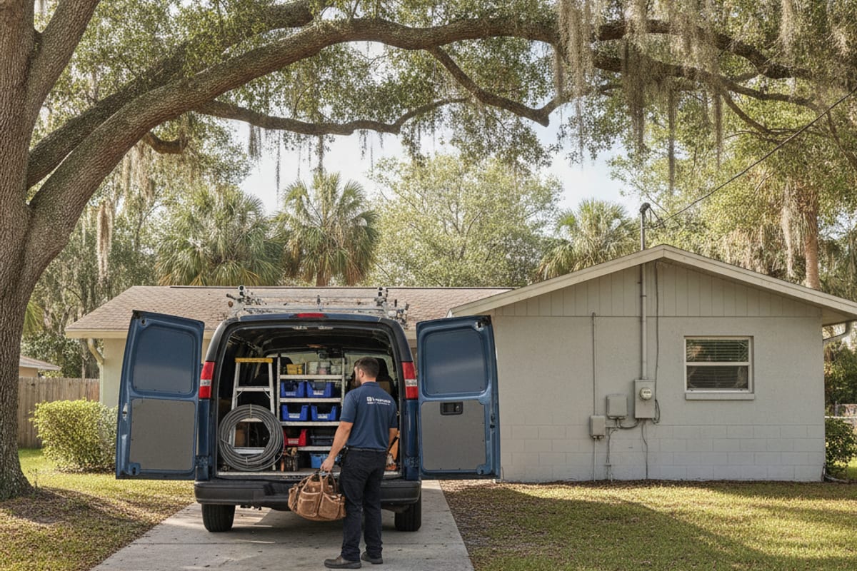 Electrician unloading a tool bag from a service van parked in the driveway of a Tampa Bay ranch home
