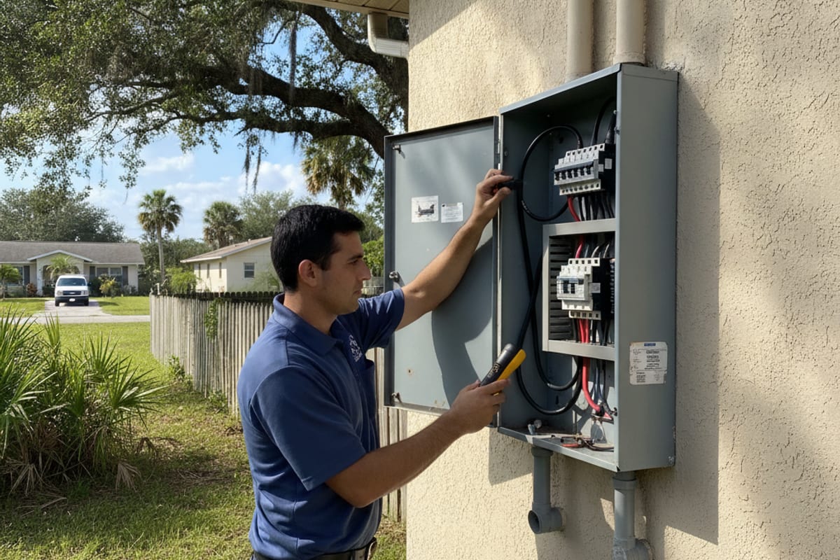 Person holding a test instrument beside an open exterior electrical panel
