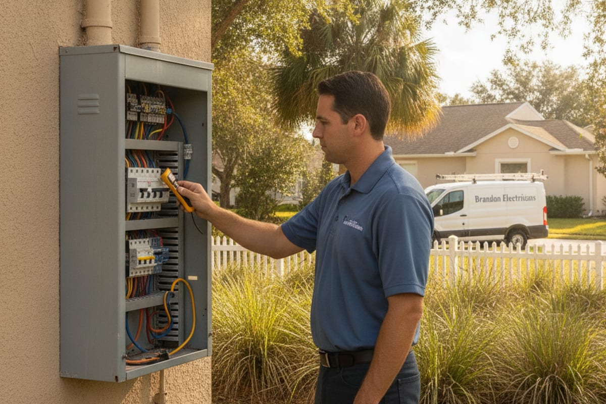 Electrician testing an exterior breaker panel on a residential home in Brandon, Florida with palmetto vegetation nearby