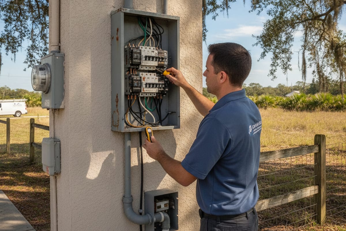 Electrician in navy polo testing an exterior breaker panel on a Hudson, Florida home with mature oak trees and rural landscape visible in background