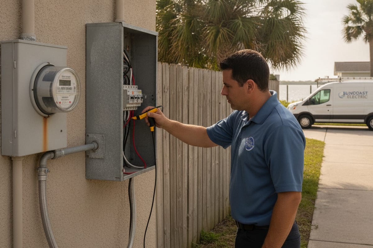 Electrician checking an exterior breaker panel on a residential home in Largo, Florida near the water