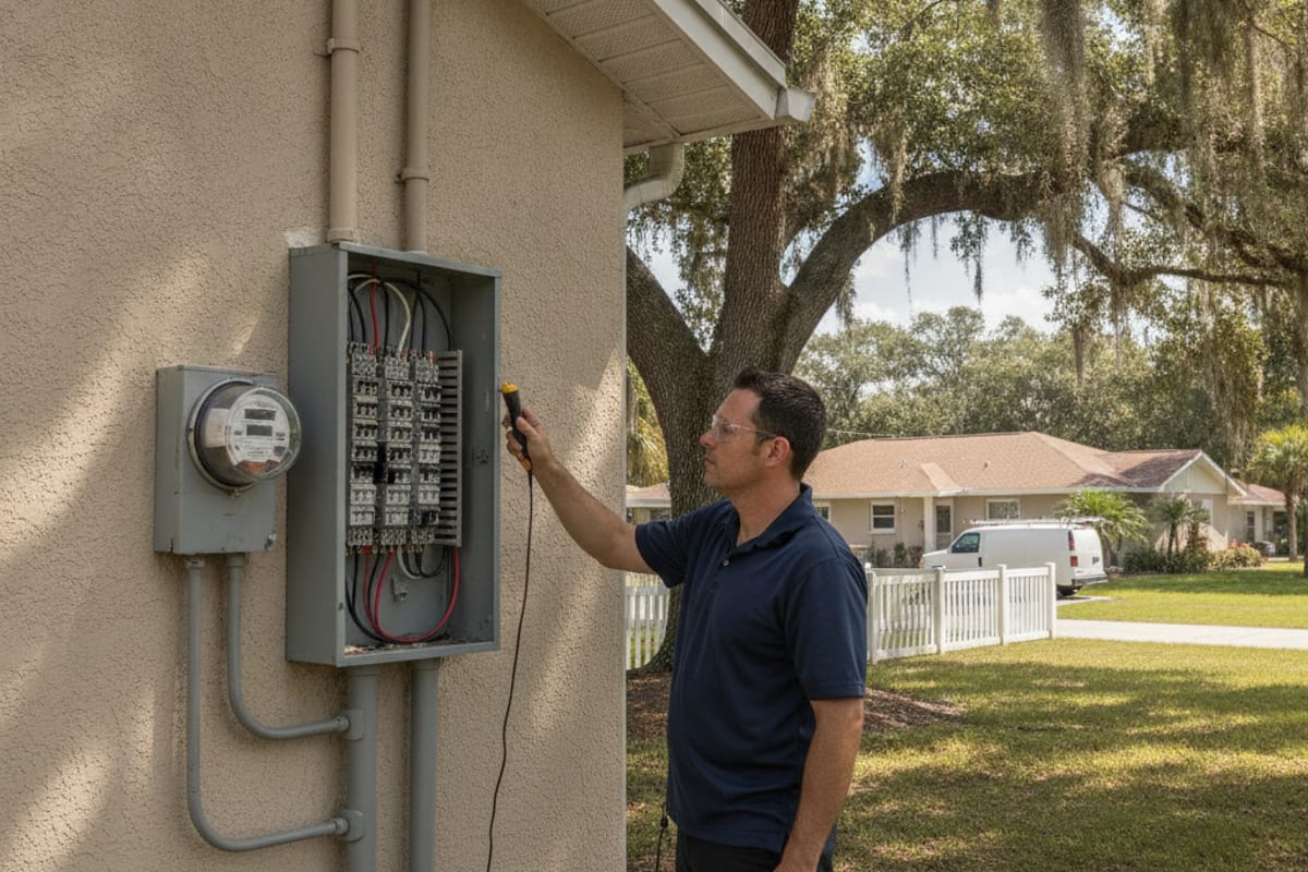 Electrician examining an exterior electrical panel on a Lutz home with oak trees in the background
