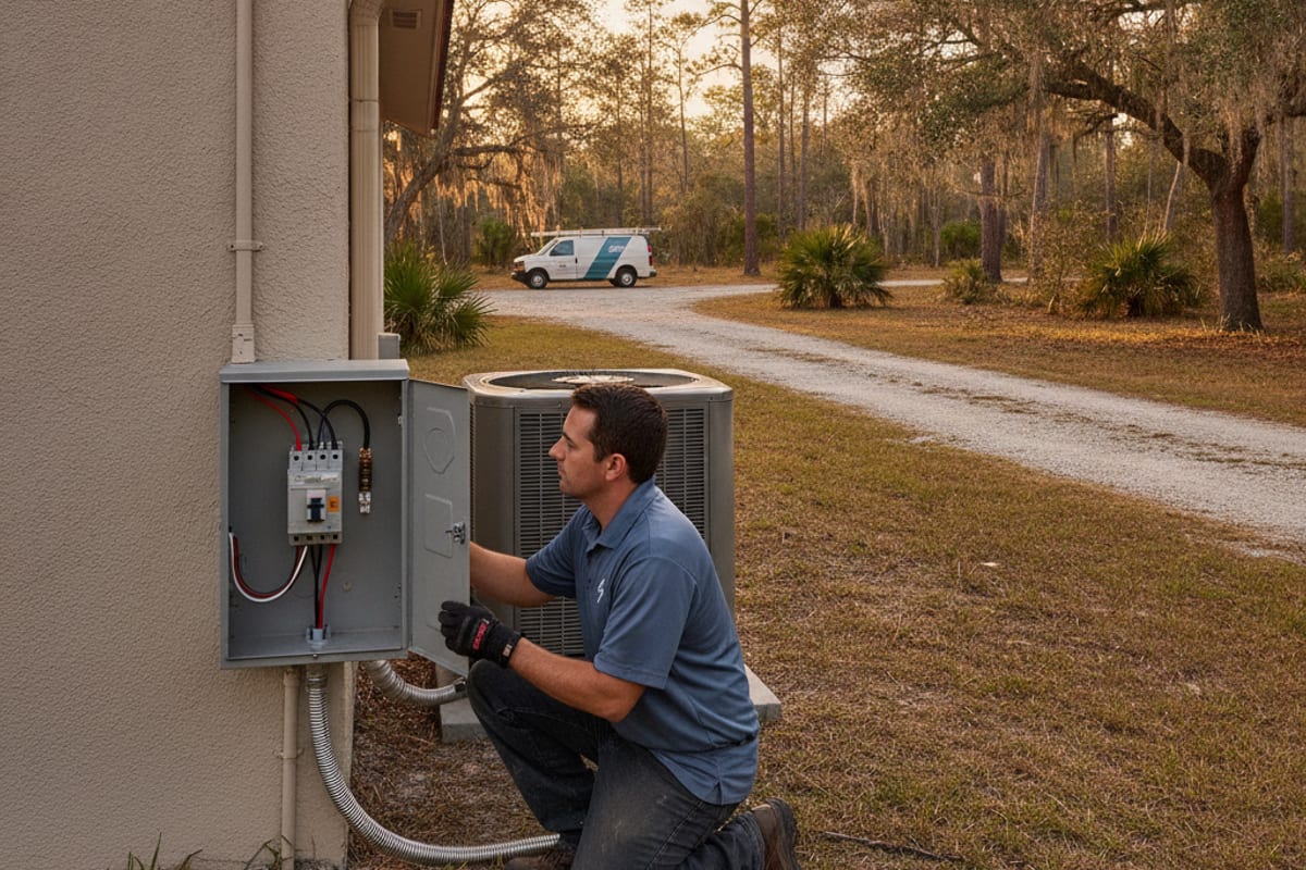 Electrician working at an exterior disconnect box beside an AC condenser on a rural Odessa, Florida property