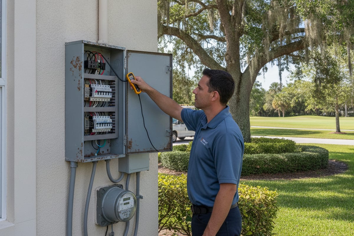 Electrician in navy polo testing an exterior breaker panel on a Palm Harbor, Florida home with mature landscaping and golf course visible in background