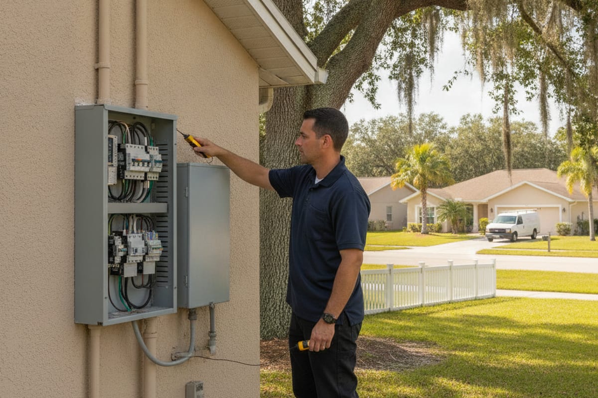 Electrician testing an exterior breaker panel on a residential home in Riverview, Florida with mature oak trees nearby