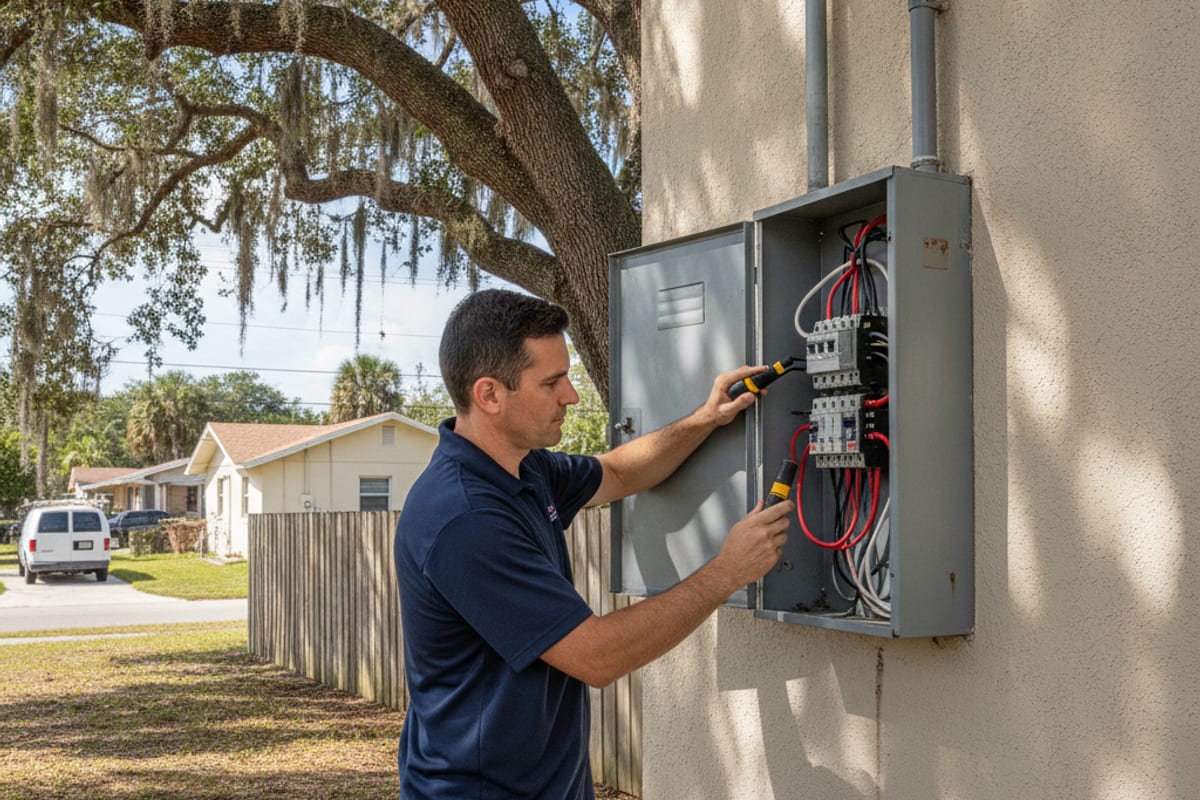 Electrician in navy shirt working on a wall outlet in a St. Petersburg home