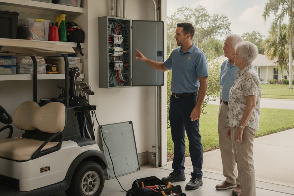 Electrician showing an open garage panel to an older homeowner couple in a Sun City, Florida home