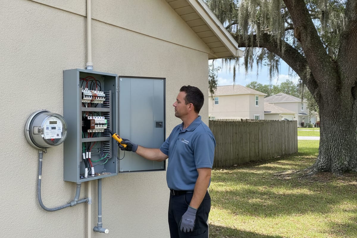 Electrician testing an exterior breaker panel mounted beside a meter can on a 1970s Trinity, Florida home