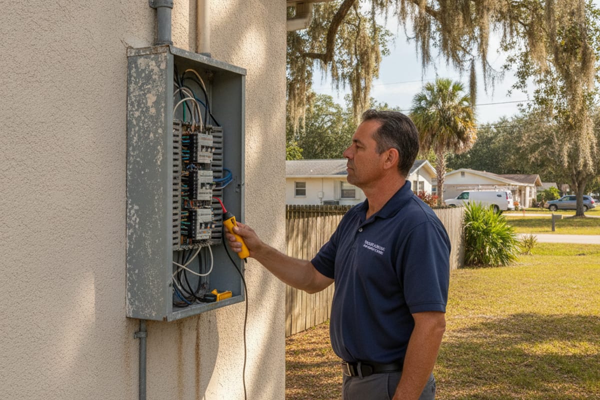 Electrician in navy polo testing an exterior breaker panel on a Zephyrhills, Florida home with mature oak trees and residential street visible in background