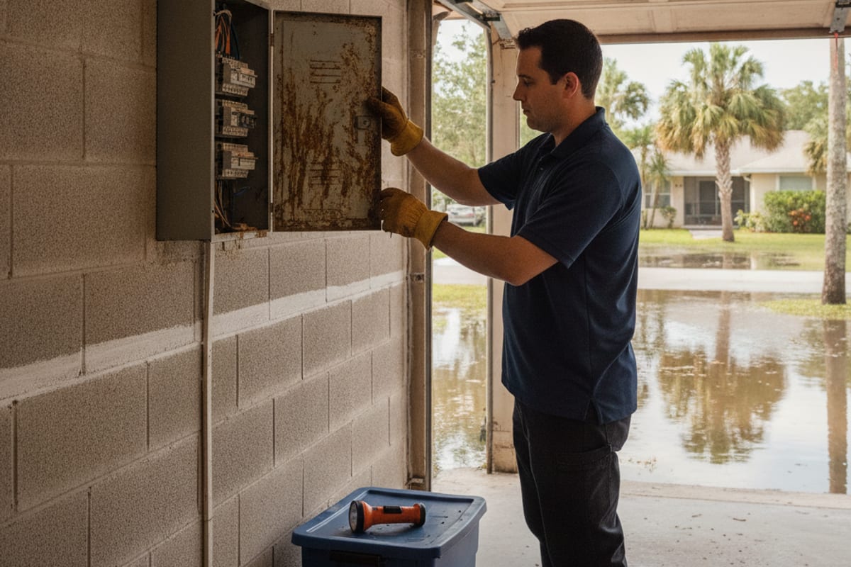 Electrician inspecting a water-stained breaker panel in a flood-damaged Tampa Bay home