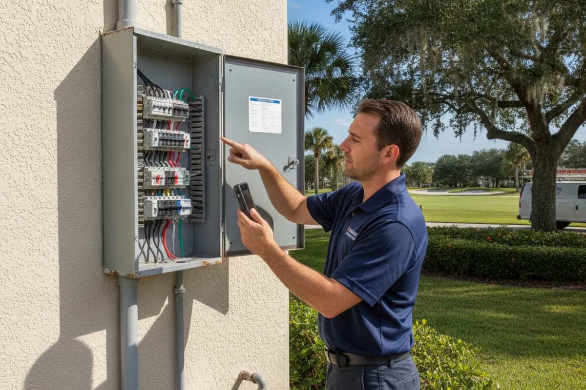 Person pointing into an exterior electrical panel while holding a phone