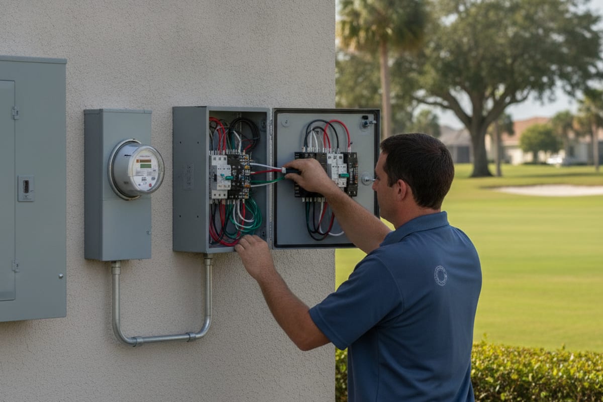 Electrician wiring an automatic transfer switch mounted beside the main panel outside a Palm Harbor home
