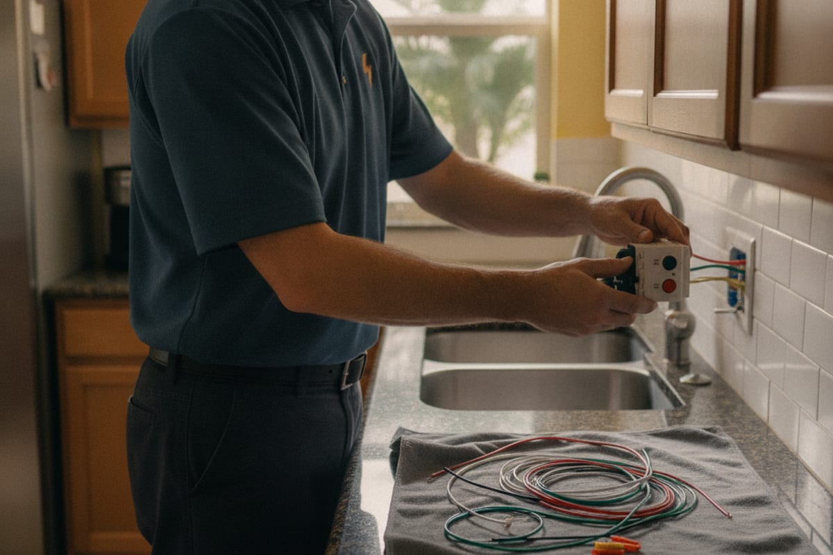 Electrician installing a GFCI outlet in a Tampa Bay kitchen near the sink