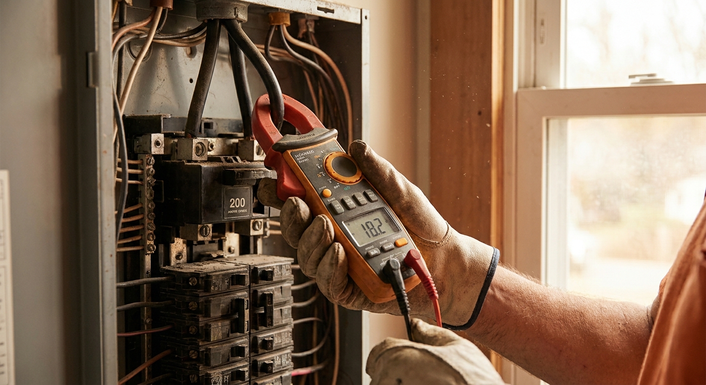 Electrician calculating amperage needs at an open breaker panel in a Tampa home