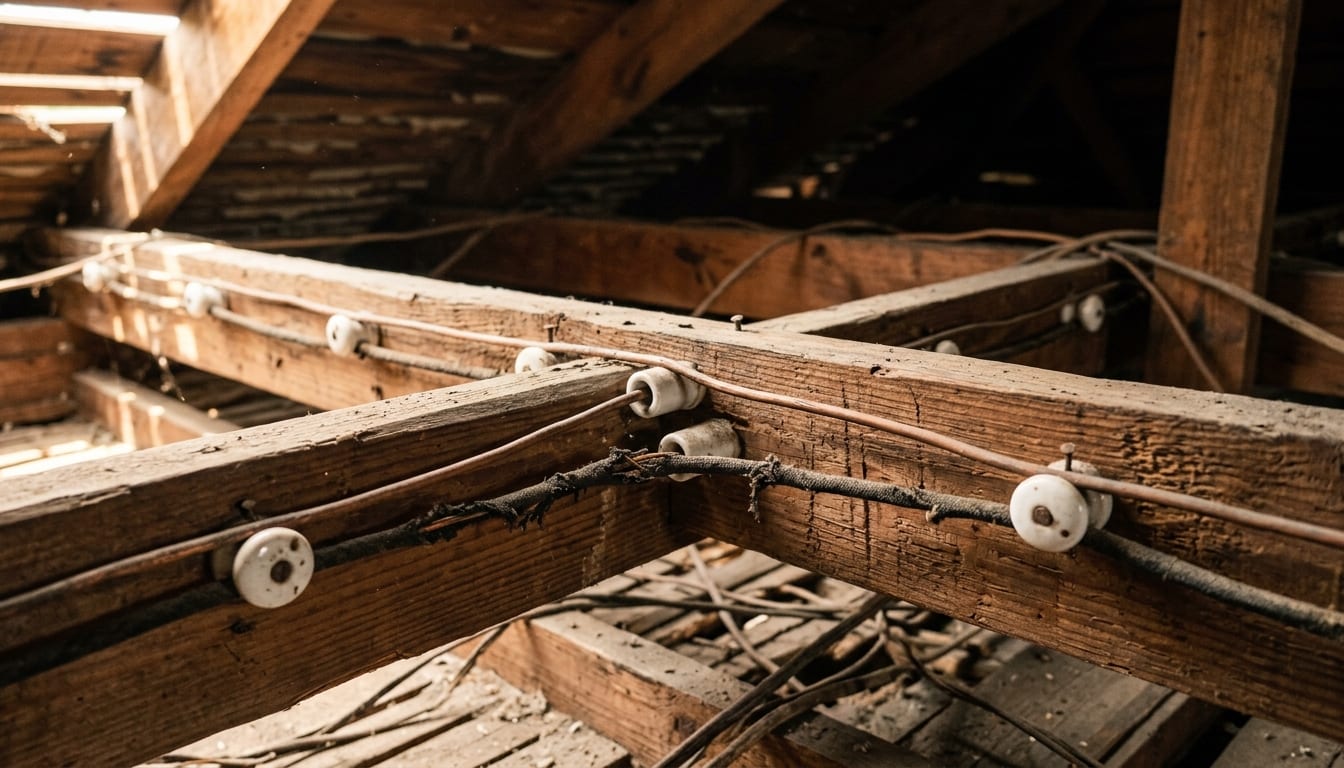 Ceramic knobs and tubes holding separated hot and neutral conductors in an older Tampa Bay attic