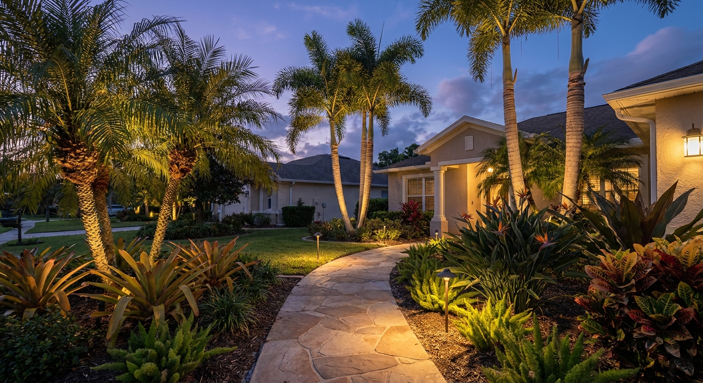 Low-voltage landscape lighting illuminating a Tampa Bay backyard at dusk