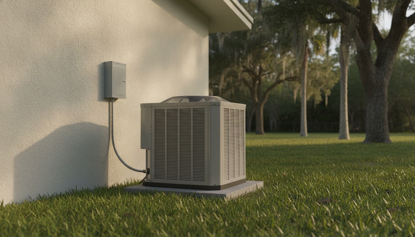 Outdoor air conditioner condenser unit beside a Florida home