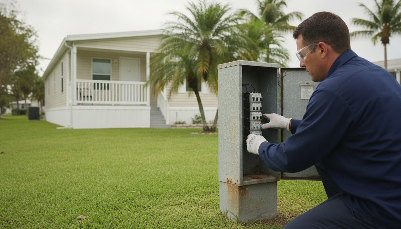 Electrician inspecting a mobile home power pedestal beside a manufactured home in Tampa Bay