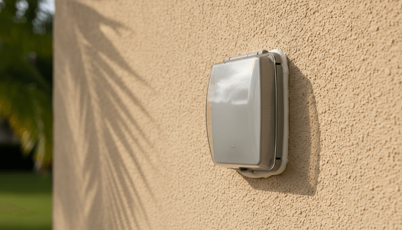 Closed protective outlet cover on an exterior stucco wall