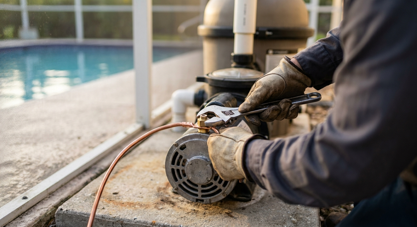 Electrician tightening a bare copper bonding wire onto a lug on a pool pump motor at a Tampa Bay home