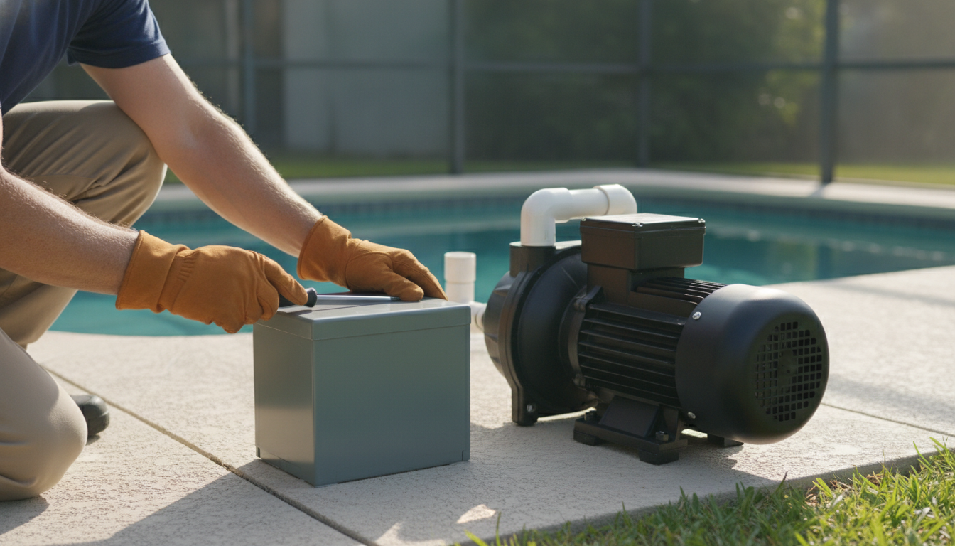 Gloved hands at an electrical enclosure beside a pool pump
