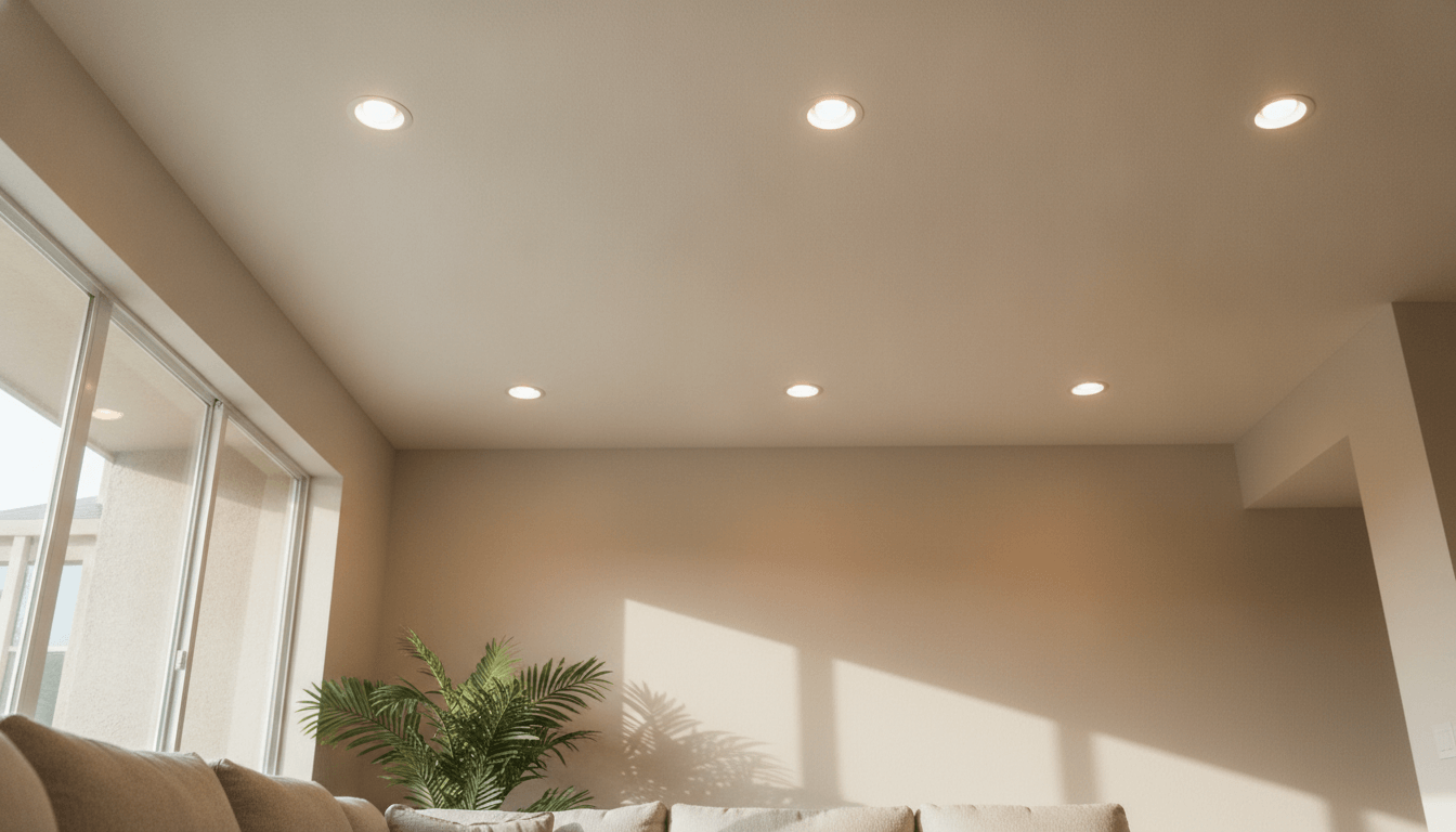 Recessed lights illuminating a living room ceiling