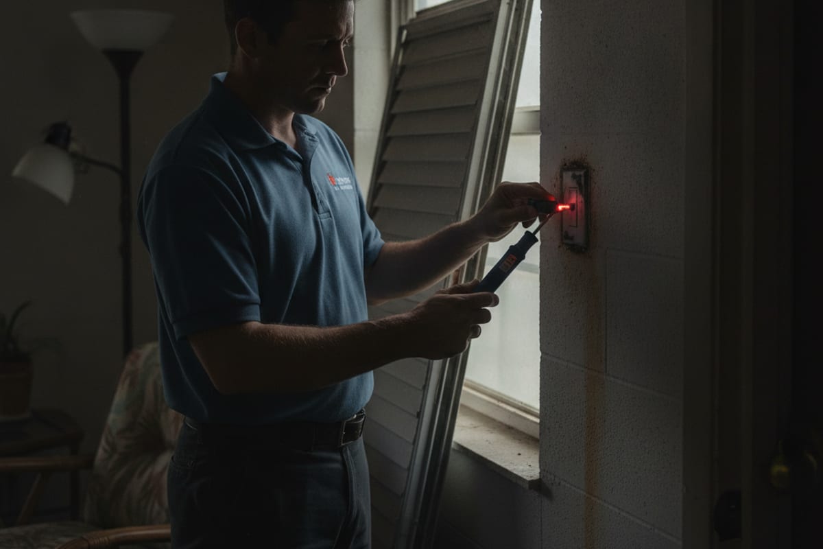 Electrician's non-contact tester near a discolored wall switch in a dimly lit New Port Richey home