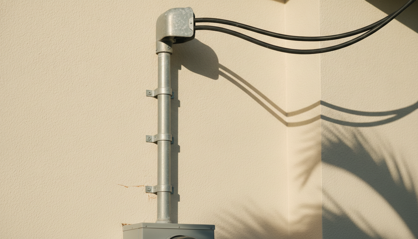 Weatherhead and conduit riser running down a stucco wall into the top of a gray steel meter enclosure