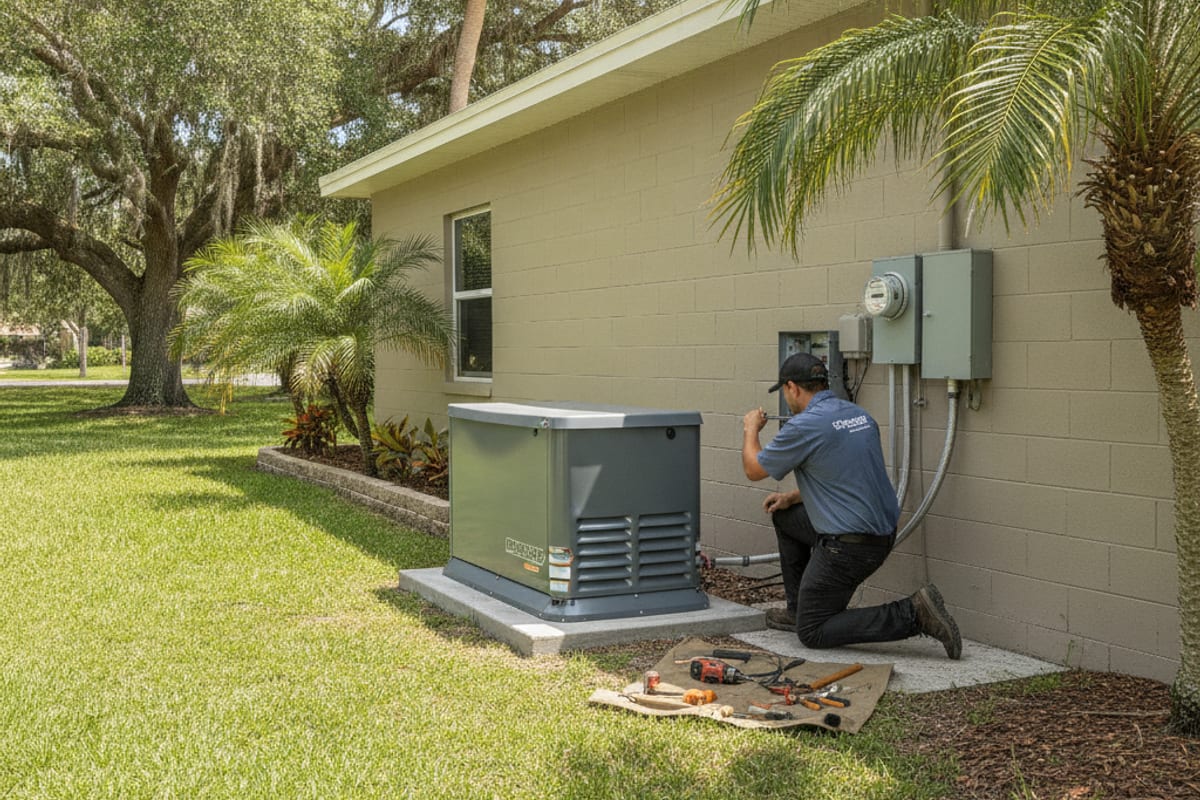 Whole-home standby generator on a concrete pad beside a Tampa Bay house with an electrician connecting conduit