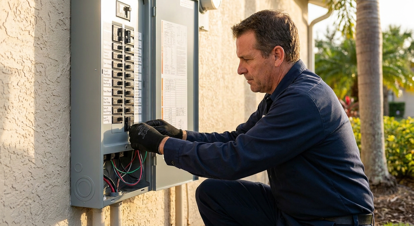 Electrician installing a new 200-amp panel in a Tampa Bay home